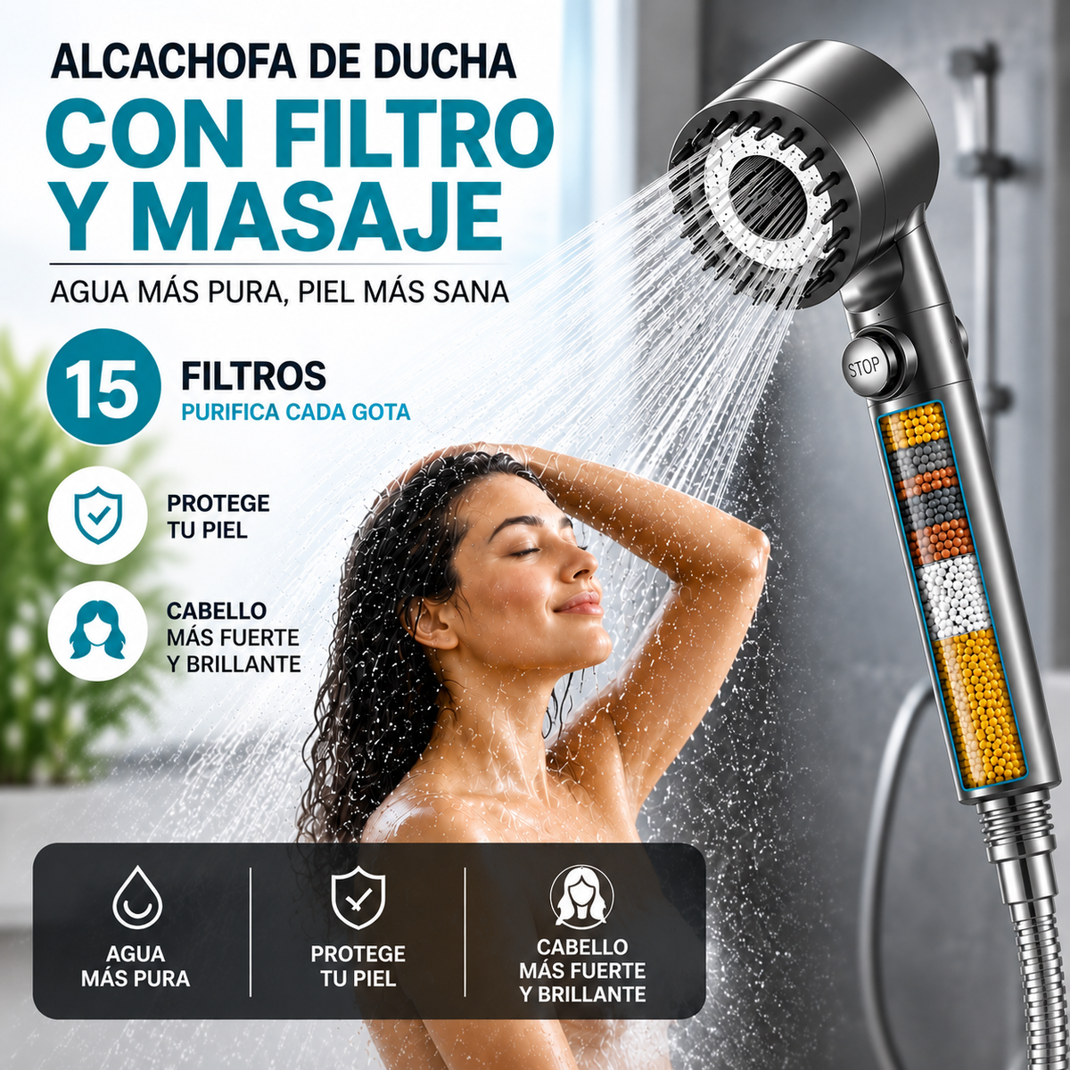 Alcachofa de Ducha con 15 Filtros y Modo Masaje – ShowerPro™