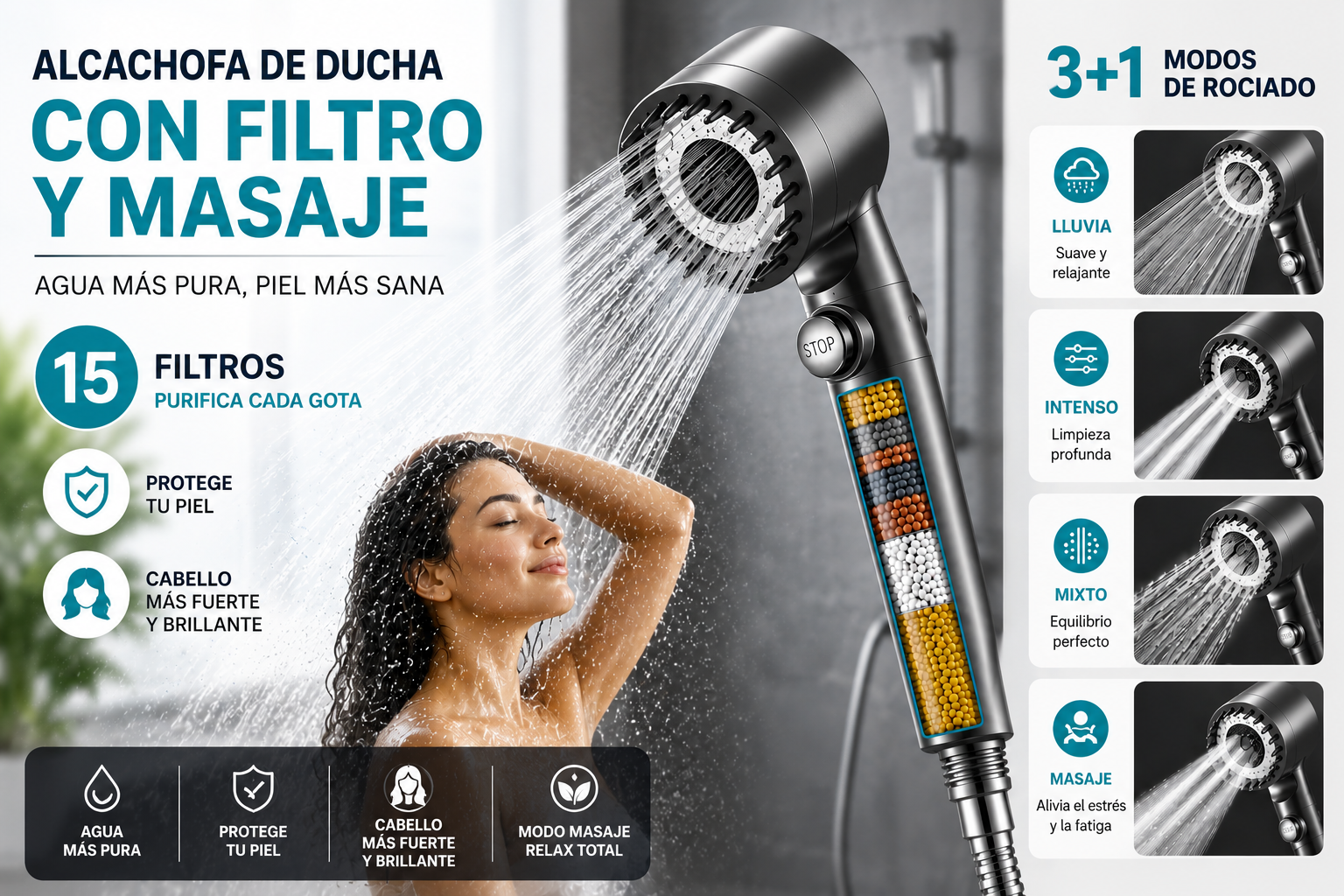 Alcachofa de ducha con 15 filtros y masaje capilar